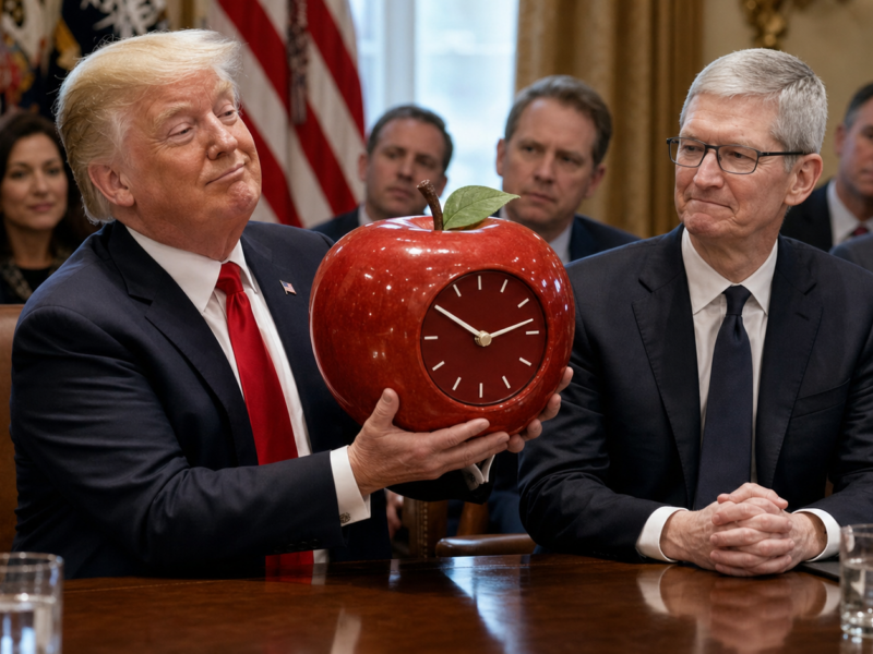 Donald Trump presents a glossy apple-shaped clock to Tim Cook in a staged White House meeting room