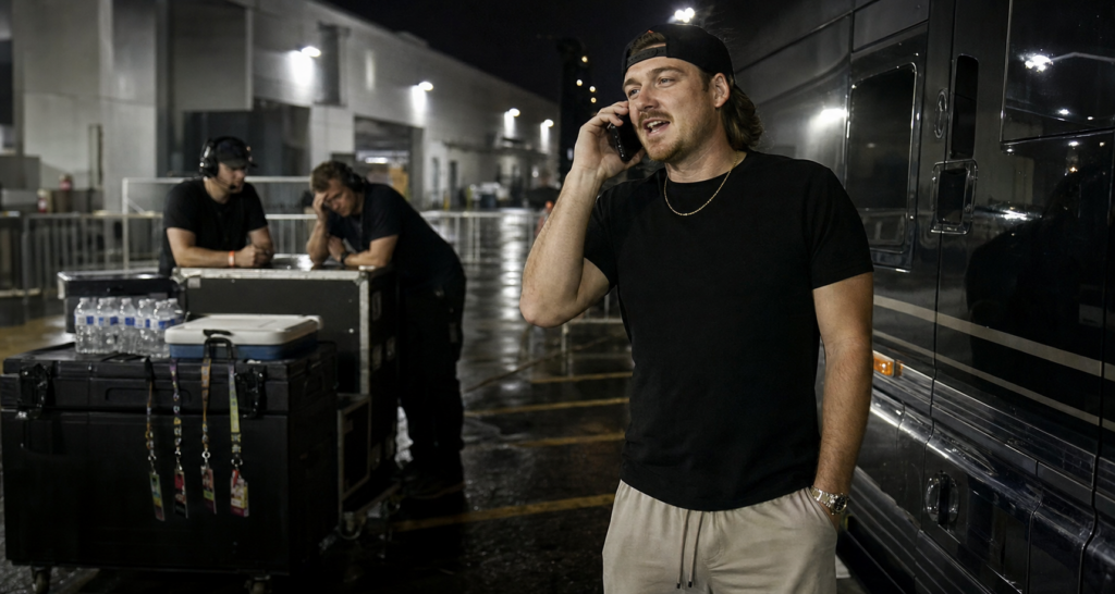 Morgan Wallen stands beside a tour bus on the phone while tired backstage staff wait near equipment cases after a stadium show.