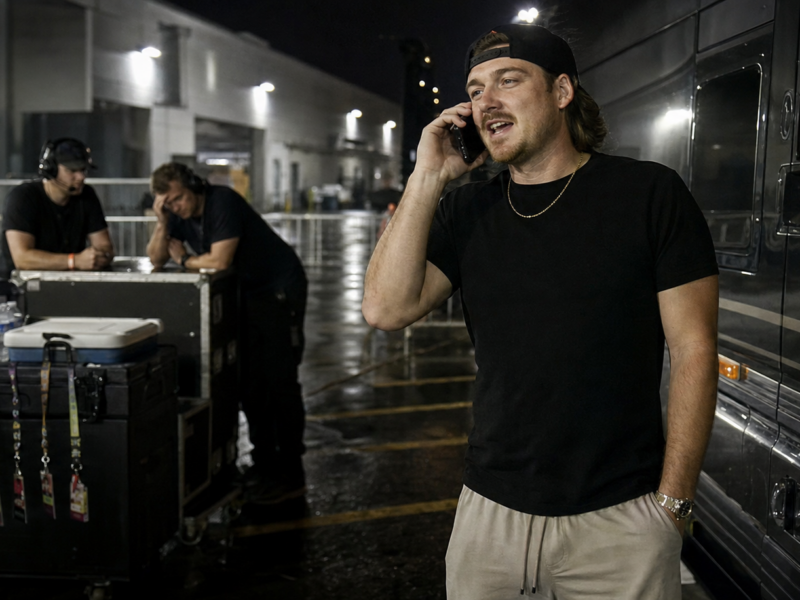 Morgan Wallen stands beside a tour bus on the phone while tired backstage staff wait near equipment cases after a stadium show.
