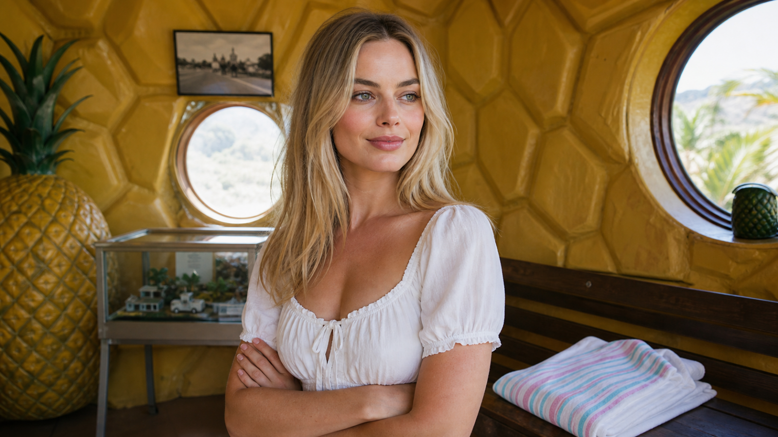 Margot Robbie standing inside a giant pineapple tourist attraction for a VanFlip satire story.