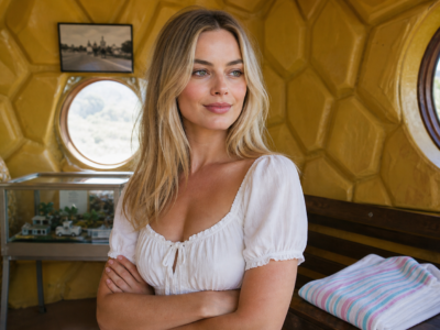 Margot Robbie standing inside a giant pineapple tourist attraction for a VanFlip satire story.