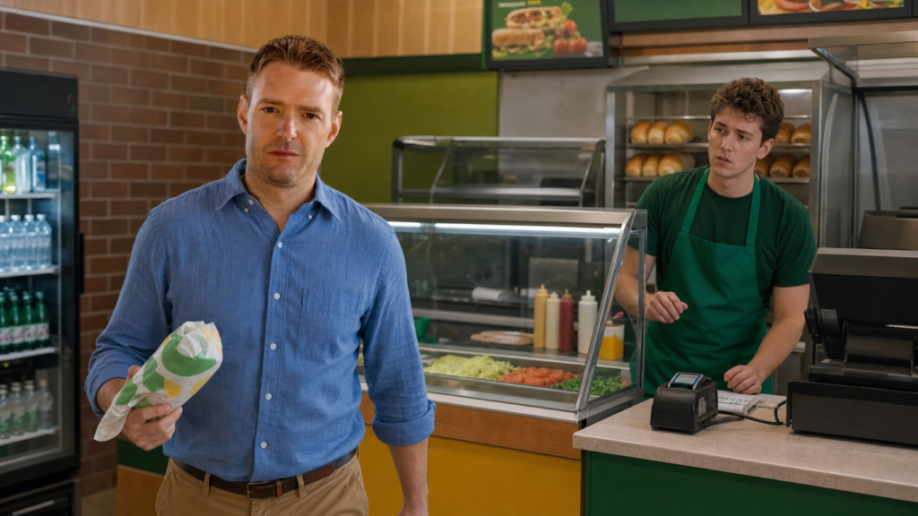Jason Tate walking out of a sandwich shop with a wrapped footlong while an employee watches from behind the counter