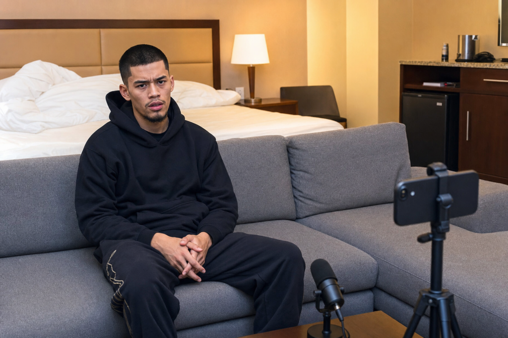 Sneako sitting on a gray hotel-room couch with a phone and microphone set up nearby.
