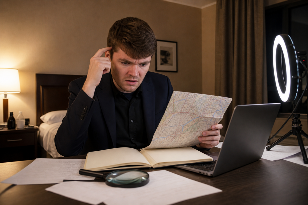 Nick Fuentes looking confused while studying a folded map at a hotel room desk with a laptop and ring light nearby.