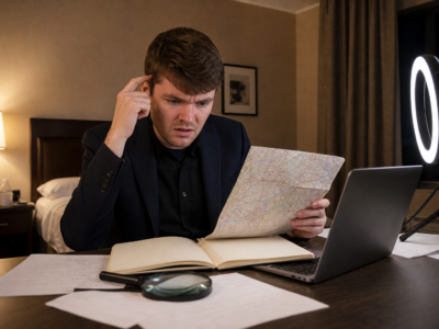 Nick Fuentes looking confused while studying a folded map at a hotel room desk with a laptop and ring light nearby.