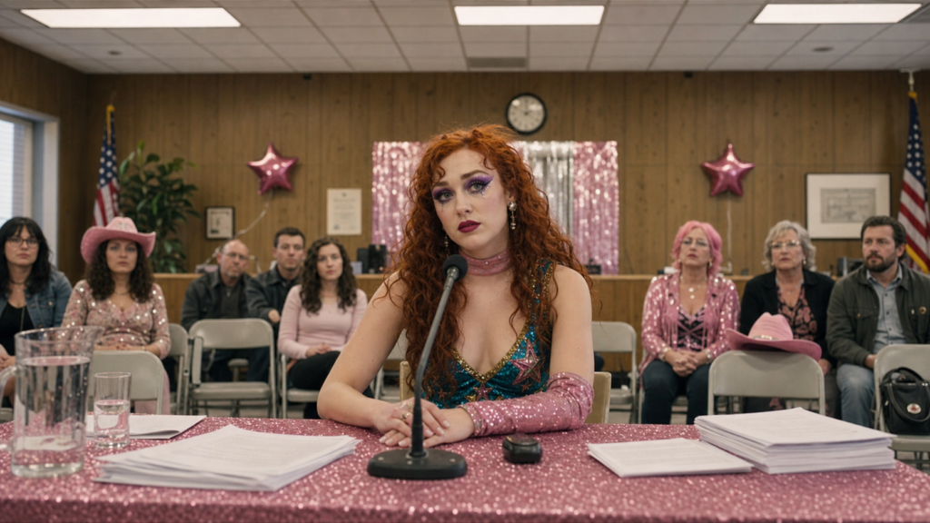 Chappell Roan seated at a fictional municipal hearing about pop fandom overreaction