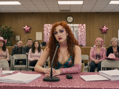 Chappell Roan seated at a fictional municipal hearing about pop fandom overreaction