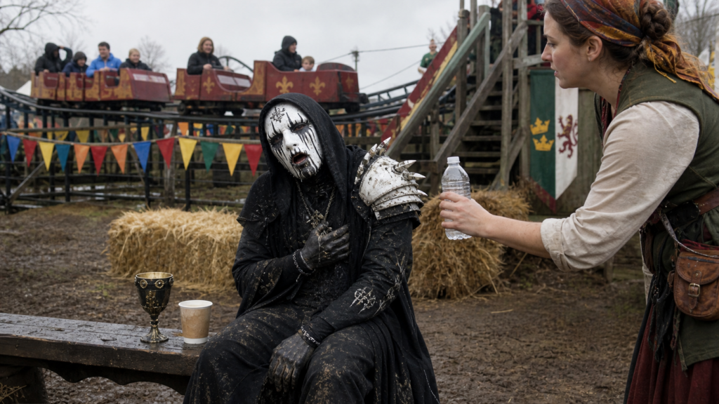 A masked Sleep Token-style singer seated near a small Renaissance fair rollercoaster after becoming queasy