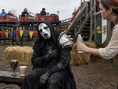 A masked Sleep Token-style singer seated near a small Renaissance fair rollercoaster after becoming queasy