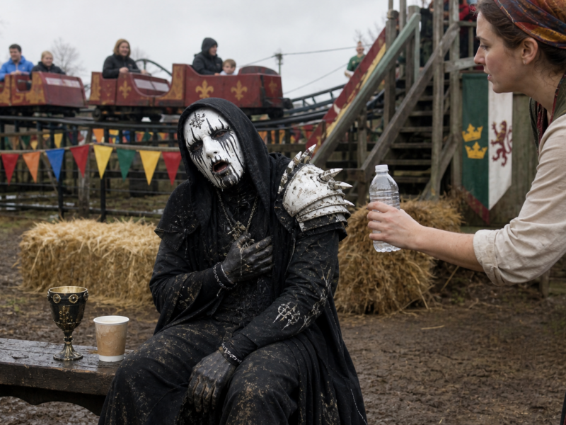 A masked Sleep Token-style singer seated near a small Renaissance fair rollercoaster after becoming queasy