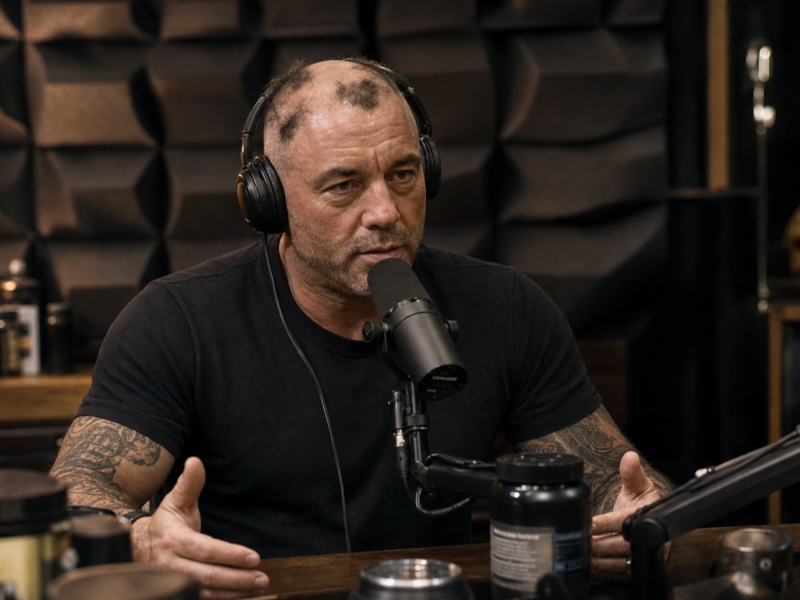 Joe Rogan seated in a podcast studio with awkward patchy hair growth for a fictional Joe Rogain satire story
