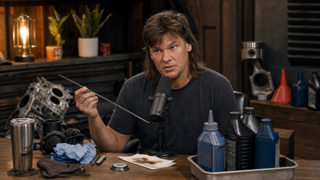 Theo Von holding an engine dipstick in a podcast studio surrounded by unbranded motor oil bottles for a fictional satire story
