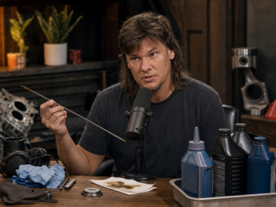 Theo Von holding an engine dipstick in a podcast studio surrounded by unbranded motor oil bottles for a fictional satire story