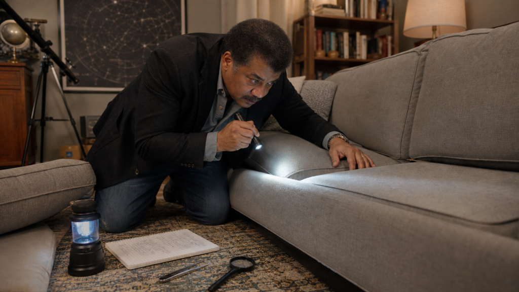 Neil deGrasse Tyson searching between couch cushions with a flashlight for a missing quarter in a fictional satire story