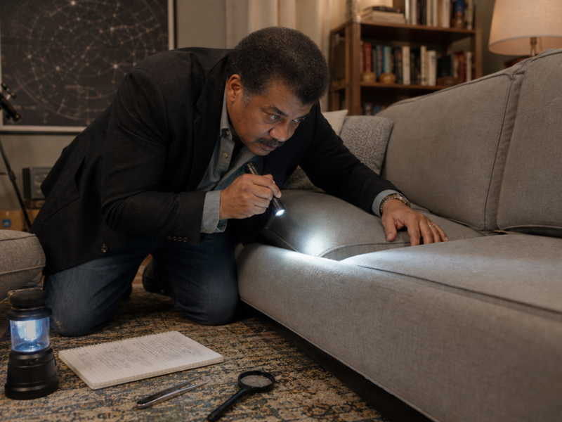 Neil deGrasse Tyson searching between couch cushions with a flashlight for a missing quarter in a fictional satire story