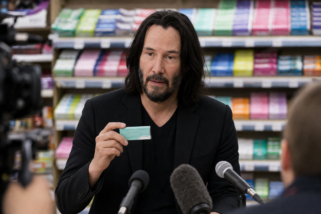 Keanu Reeves holding an unbranded pack of chewing gum in a fictional entertainment news image