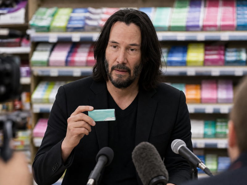 Keanu Reeves holding an unbranded pack of chewing gum in a fictional entertainment news image