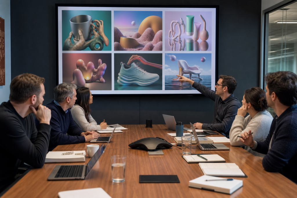 Corporate marketing team reviewing obviously flawed AI generated images in a fictional satire news image