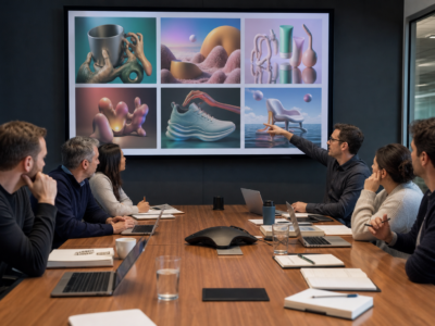 Corporate marketing team reviewing obviously flawed AI generated images in a fictional satire news image