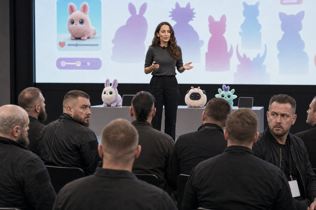 Mira Murati presenting a cute virtual pet product demo to an awkward out-of-place far-right audience in a fictional satire news image
