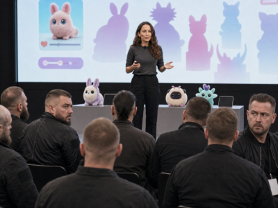 Mira Murati presenting a cute virtual pet product demo to an awkward out-of-place far-right audience in a fictional satire news image