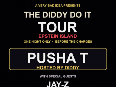 Fictional Diddy Do It Tour poster listing Pusha T, Jay-Z, French Montana, and Rick Ross for a VanFlip satire story