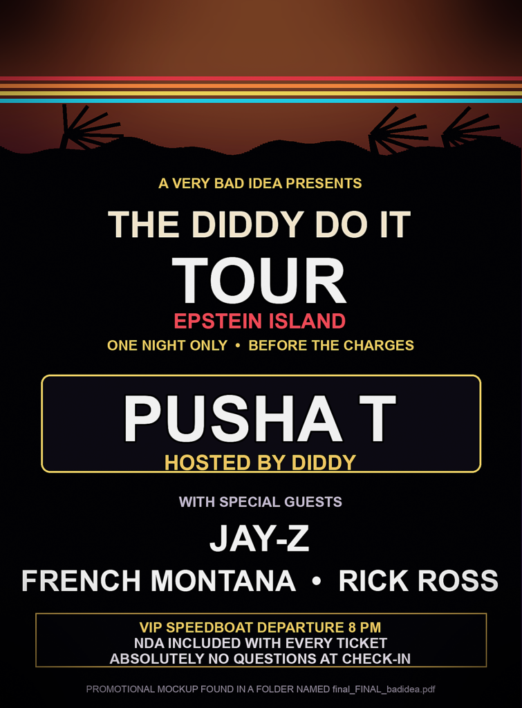 Fictional Diddy Do It Tour poster listing Pusha T, Jay-Z, French Montana, and Rick Ross for a VanFlip satire story