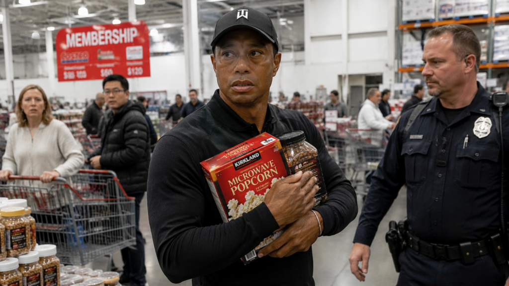 Tiger Woods holding Kirkland products while being approached by security inside a Costco in a fictional satire news image