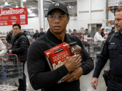 Tiger Woods holding Kirkland products while being approached by security inside a Costco in a fictional satire news image