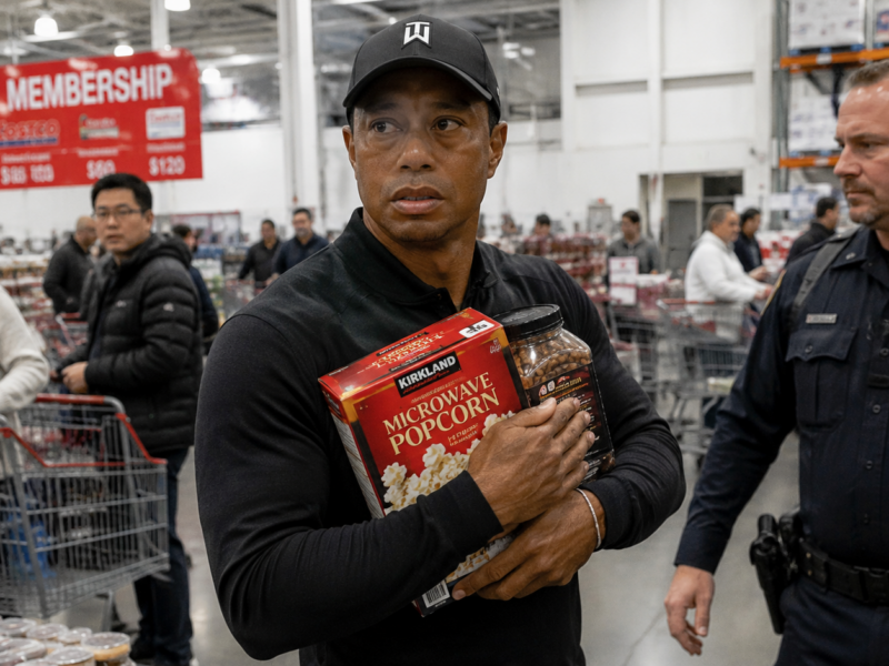 Tiger Woods holding Kirkland products while being approached by security inside a Costco in a fictional satire news image