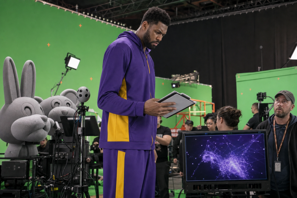 A basketball star on a movie soundstage studying cartoon and AI effects for a fictional satire story
