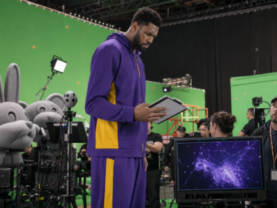 A basketball star on a movie soundstage studying cartoon and AI effects for a fictional satire story