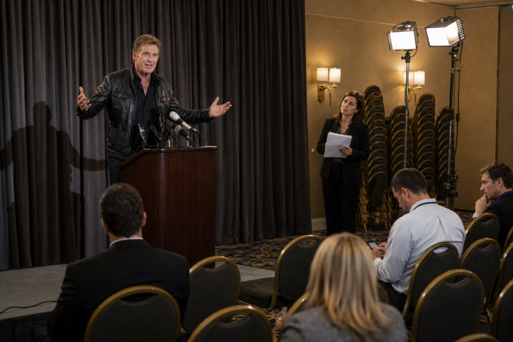 David Hasselhoff at a sparsely attended comeback press conference for a fictional satire story