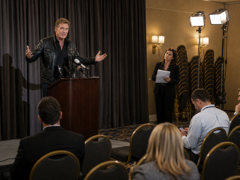David Hasselhoff at a sparsely attended comeback press conference for a fictional satire story