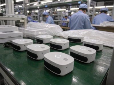 Branded OpenAI Relay devices on a factory workbench