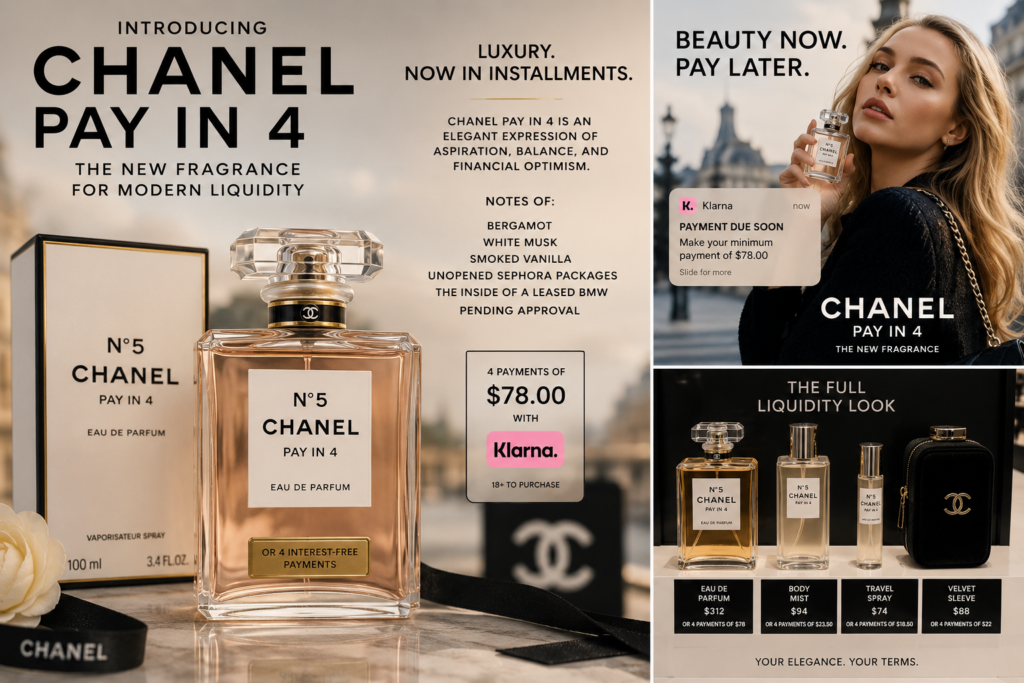 Luxury fragrance campaign mockup for Chanel Pay In 4 with installment pricing for a satire story