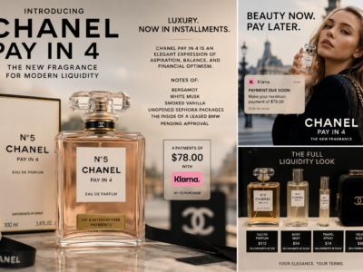 Luxury fragrance campaign mockup for Chanel Pay In 4 with installment pricing for a satire story