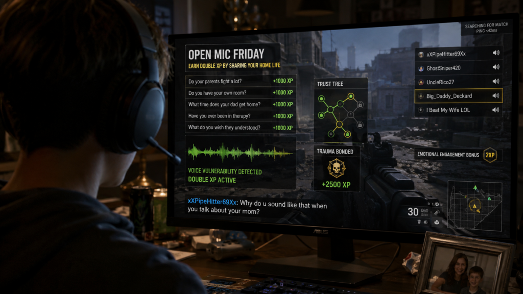 Teen player wearing a headset while Call of Duty displays an Open Mic Friday double XP prompt in a fictional satire story