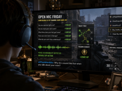 Teen player wearing a headset while Call of Duty displays an Open Mic Friday double XP prompt in a fictional satire story