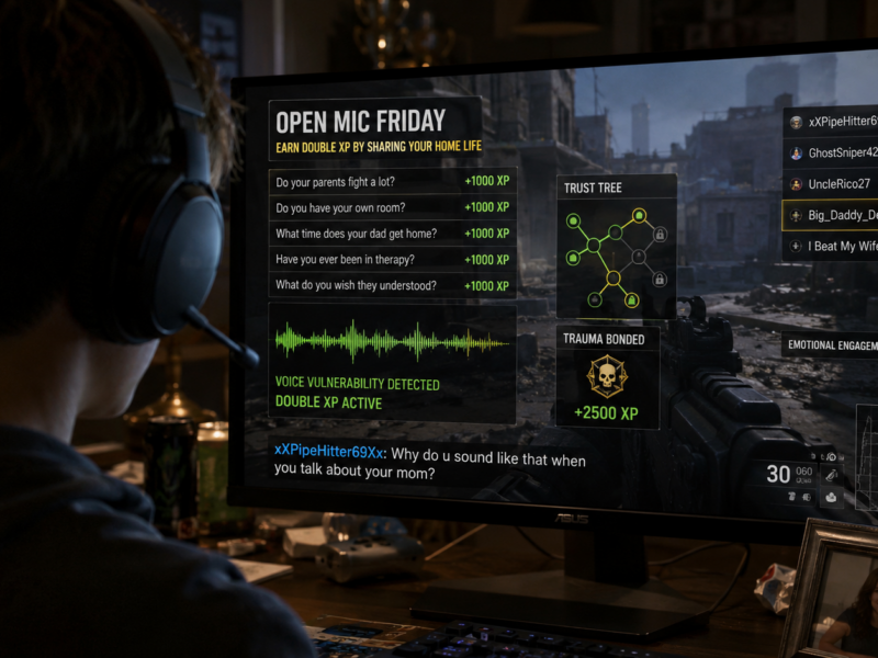 Teen player wearing a headset while Call of Duty displays an Open Mic Friday double XP prompt in a fictional satire story