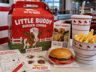 In-N-Out Little Buddy Burger Combo kids meal with a Benny calf activity booklet for a satire story