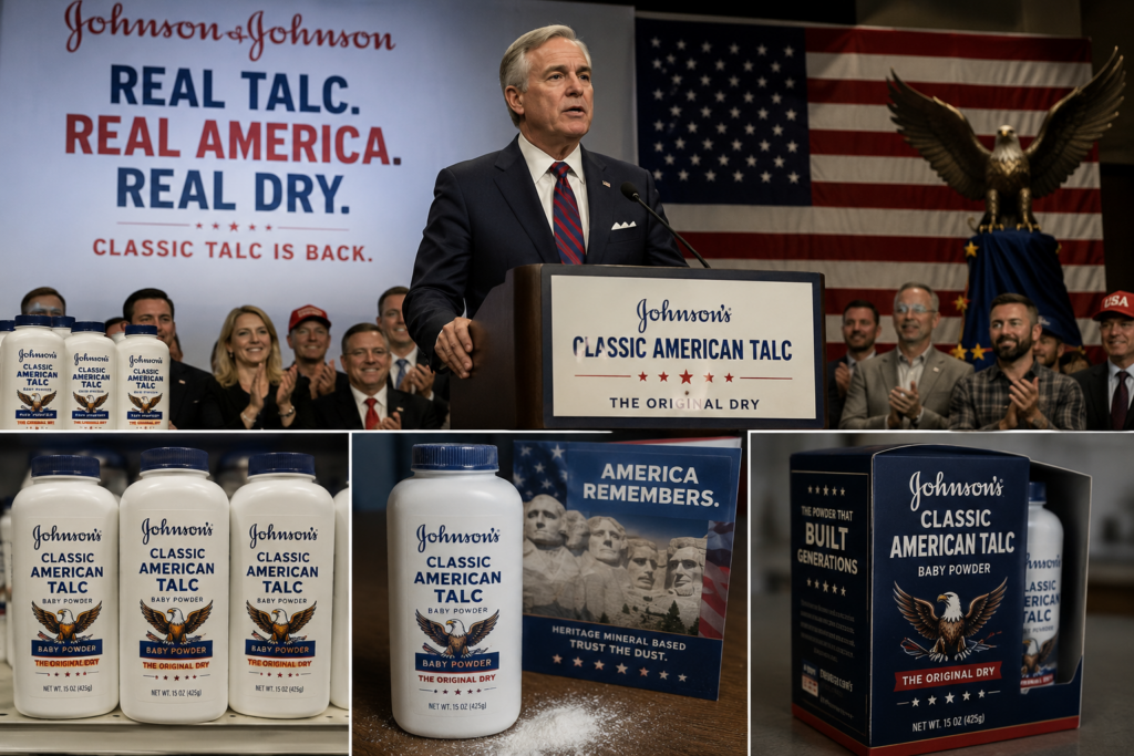 Classic American Talc launch event and product packaging for a satire story