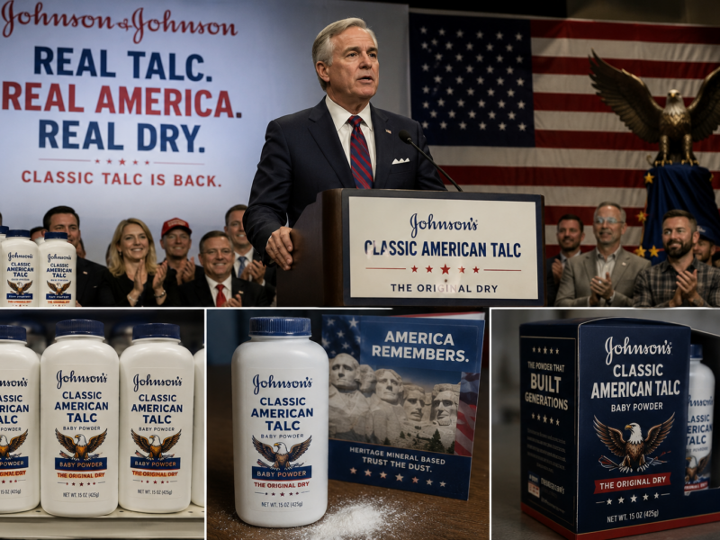 Classic American Talc launch event and product packaging for a satire story