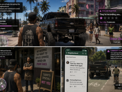GTA VI-style leak composite showing a neighborhood reputation system and civilian reactions