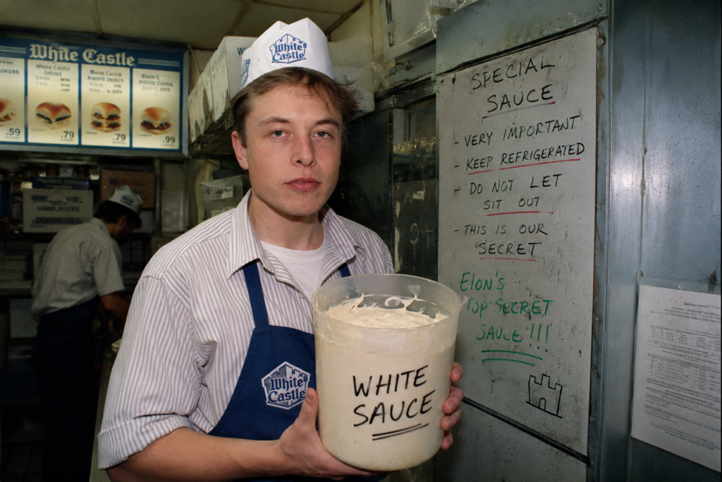 Elon Musk as a young White Castle worker holding a bucket labeled White Sauce for a satire story