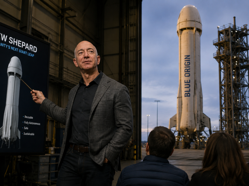 Jeff Bezos presenting a New Shepard rocket for a satire story about Blue Origin design