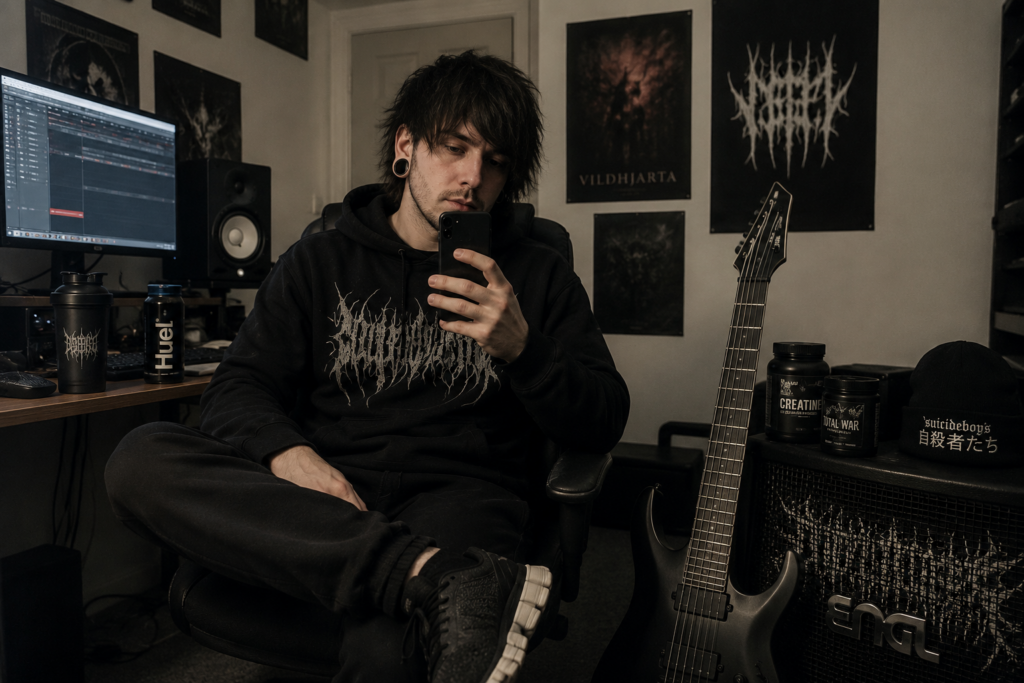 THALL metal fan in a bedroom studio with a guitar and Vildhjarta posters for a satire story