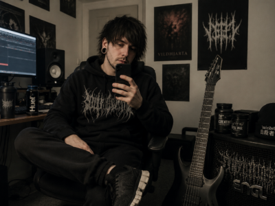 THALL metal fan in a bedroom studio with a guitar and Vildhjarta posters for a satire story