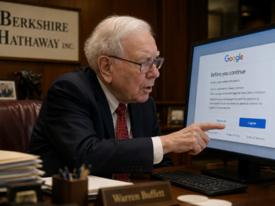Warren Buffett clicking a Google consent popup in a Berkshire Hathaway office for a satire story