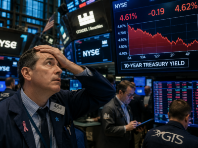 A worried trader on the New York Stock Exchange floor watching a rising 10-year Treasury yield chart for a satire story about inflation fears